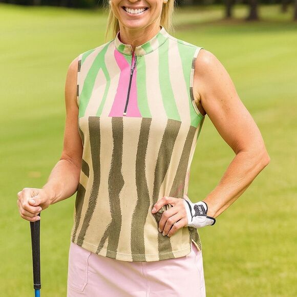 Jamie Sadock XL Sleeveless Golf Polo Top Women Zebra Print Green Pink Stretch Sp - Picture 1 of 6